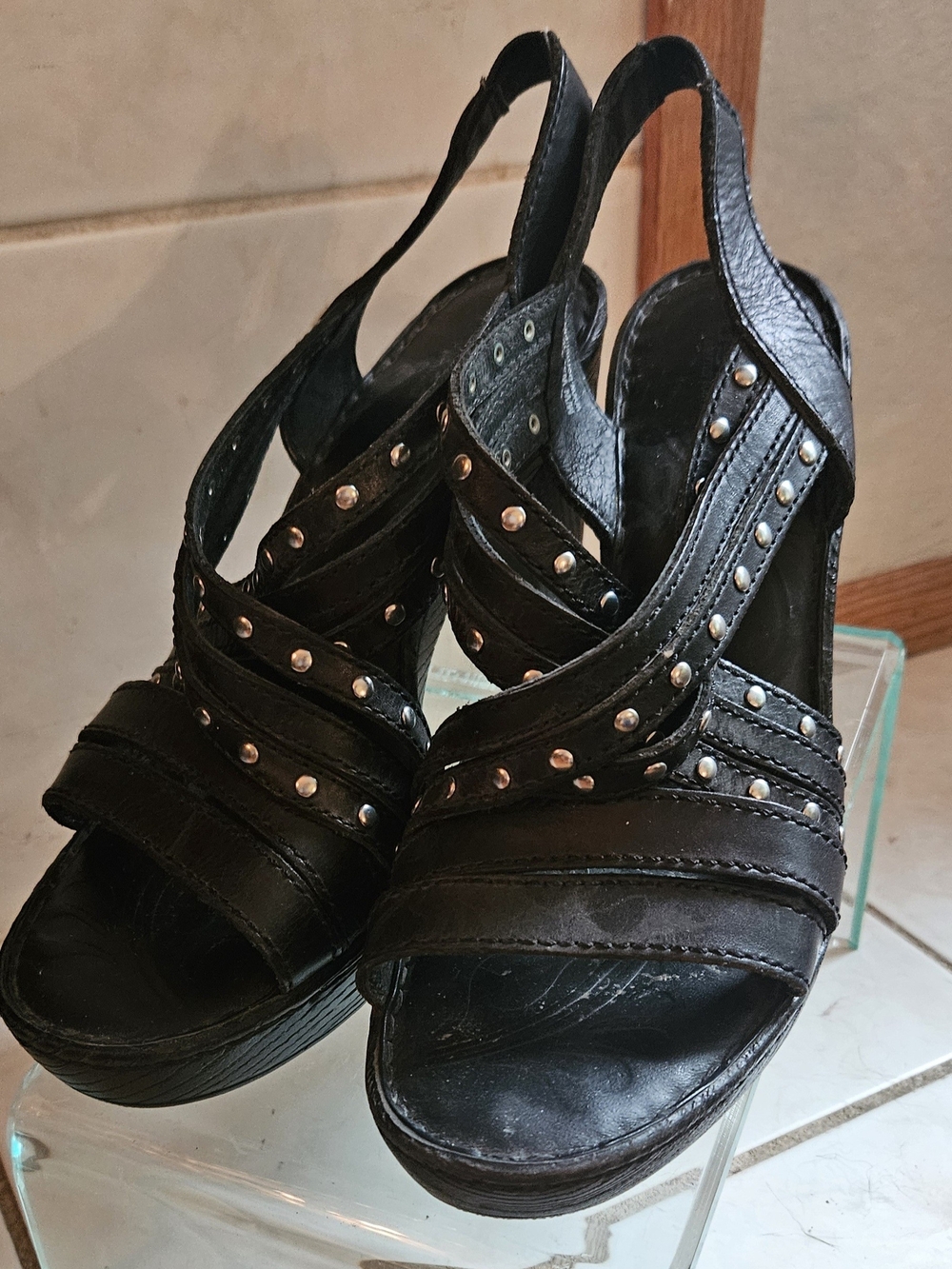 Born Black Leather Studded Platform Wedge Sandal